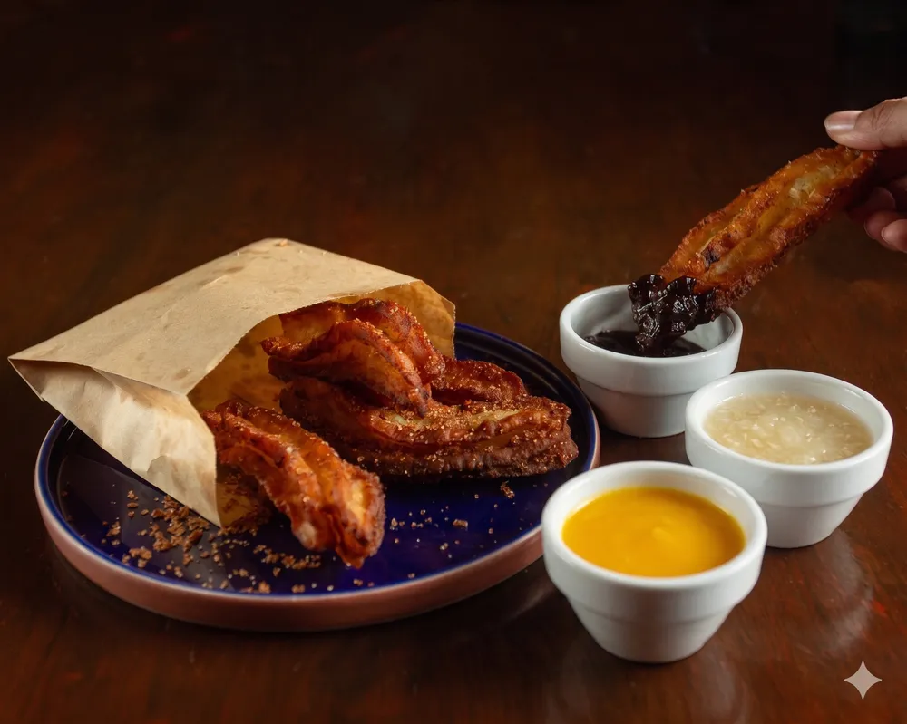 Churros with Tres Sauces (Chocolate, Mango, Pineapple)